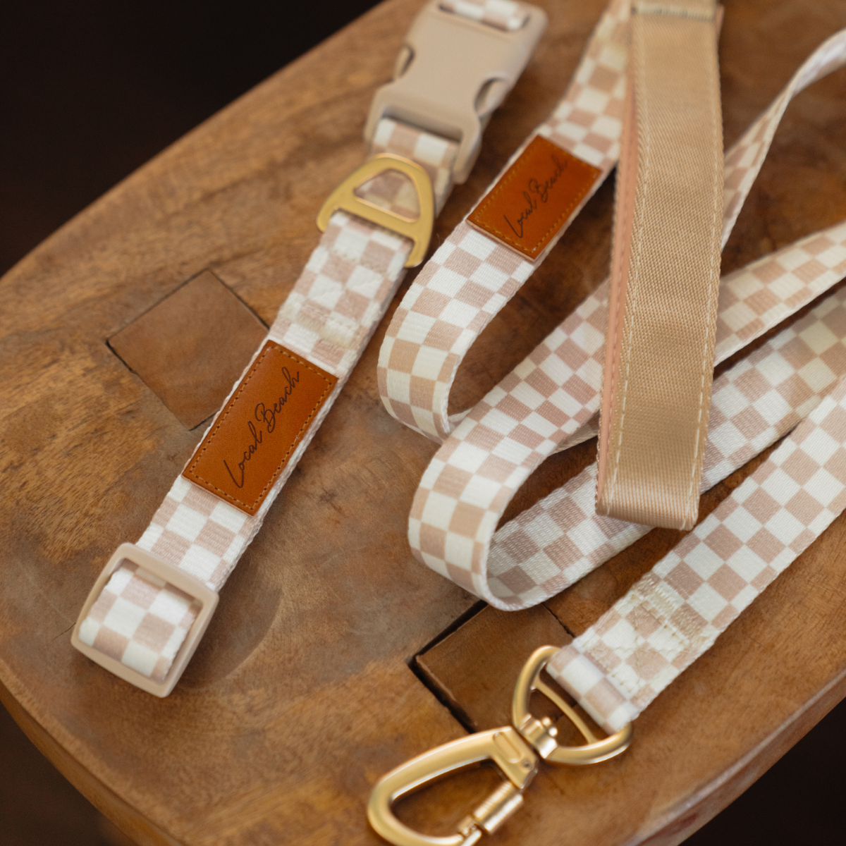 Local Beach Checker Adjustable Dog Collar Tan