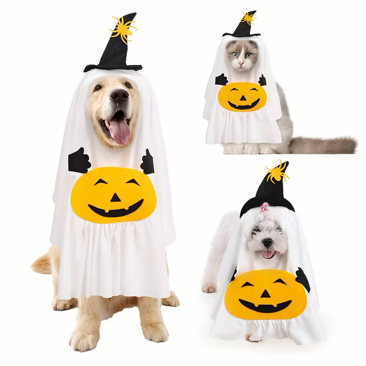 Ghost Witch Pet Costume with Pumpkin and Spider Hat