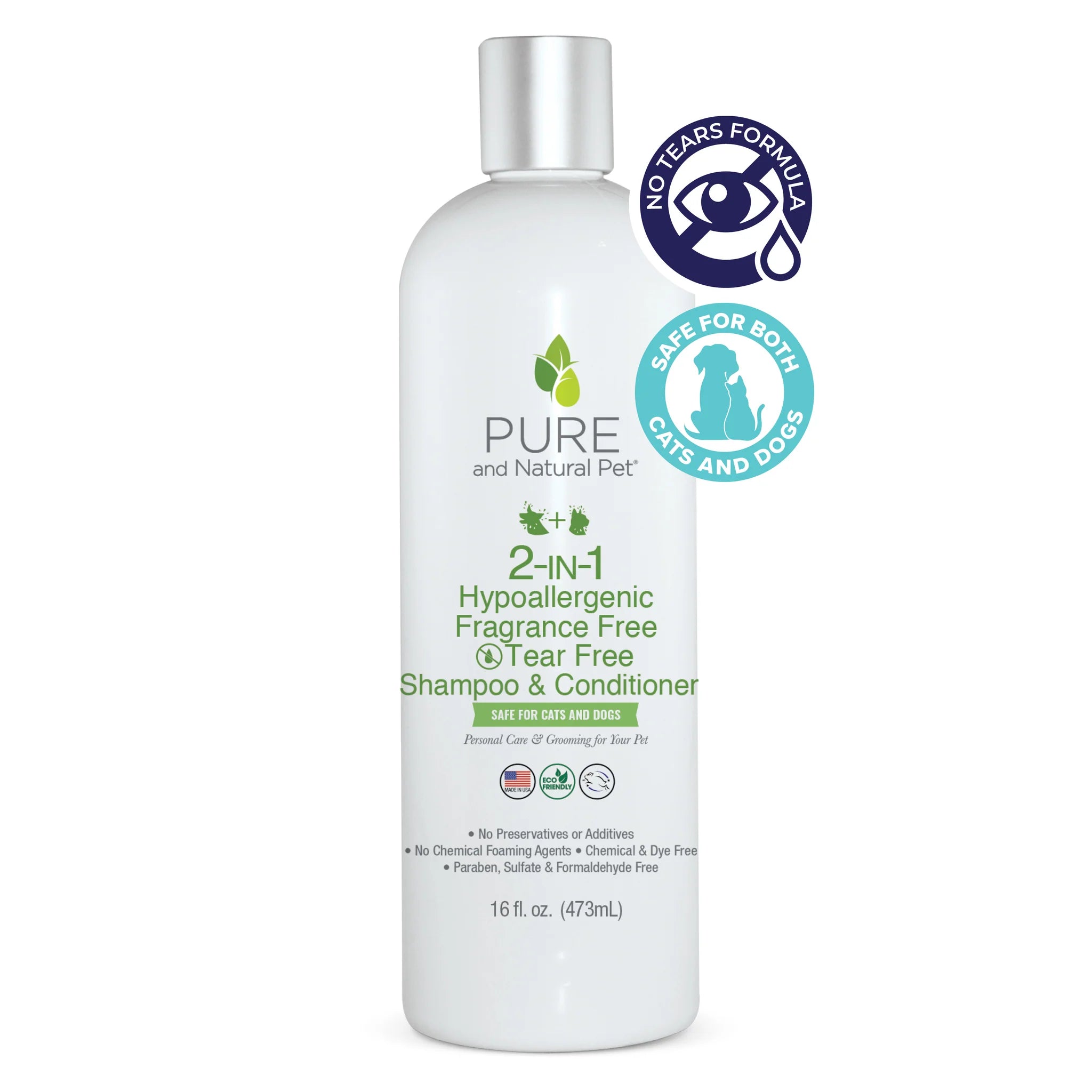 Pure and Natural Pet 2-in-1 Hypoallergenic Shampoo & Conditioner – Fragrance & Tear Free, 16 oz (Safe for Dogs & Cats)