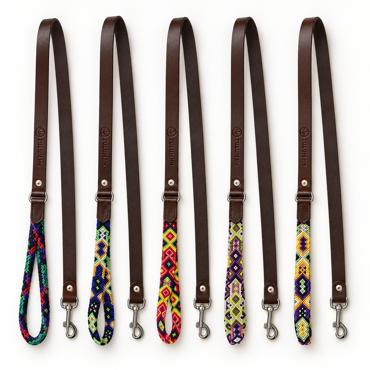Tulum HM leather dog leashes with assorted handwoven handles