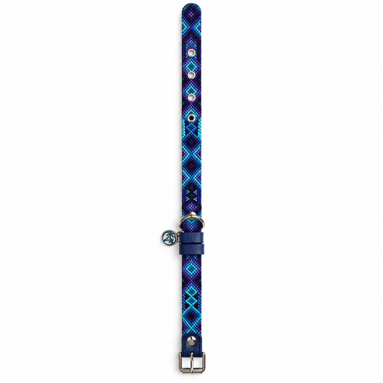 Tulum Holbox thin handwoven dog collar in blue teal and purple