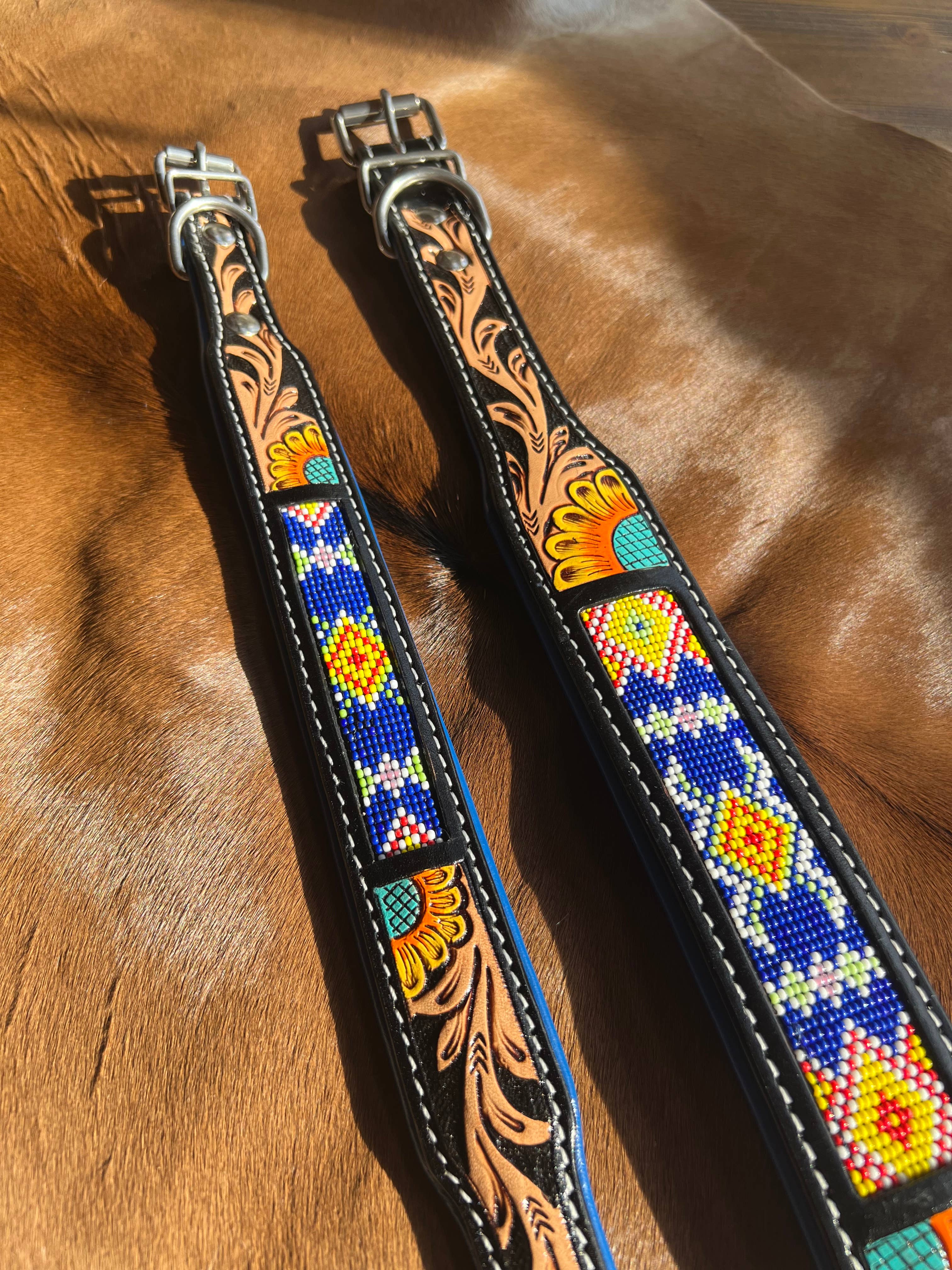 Tooled Leather Beaded Sunflower Painted Western Dog Collar