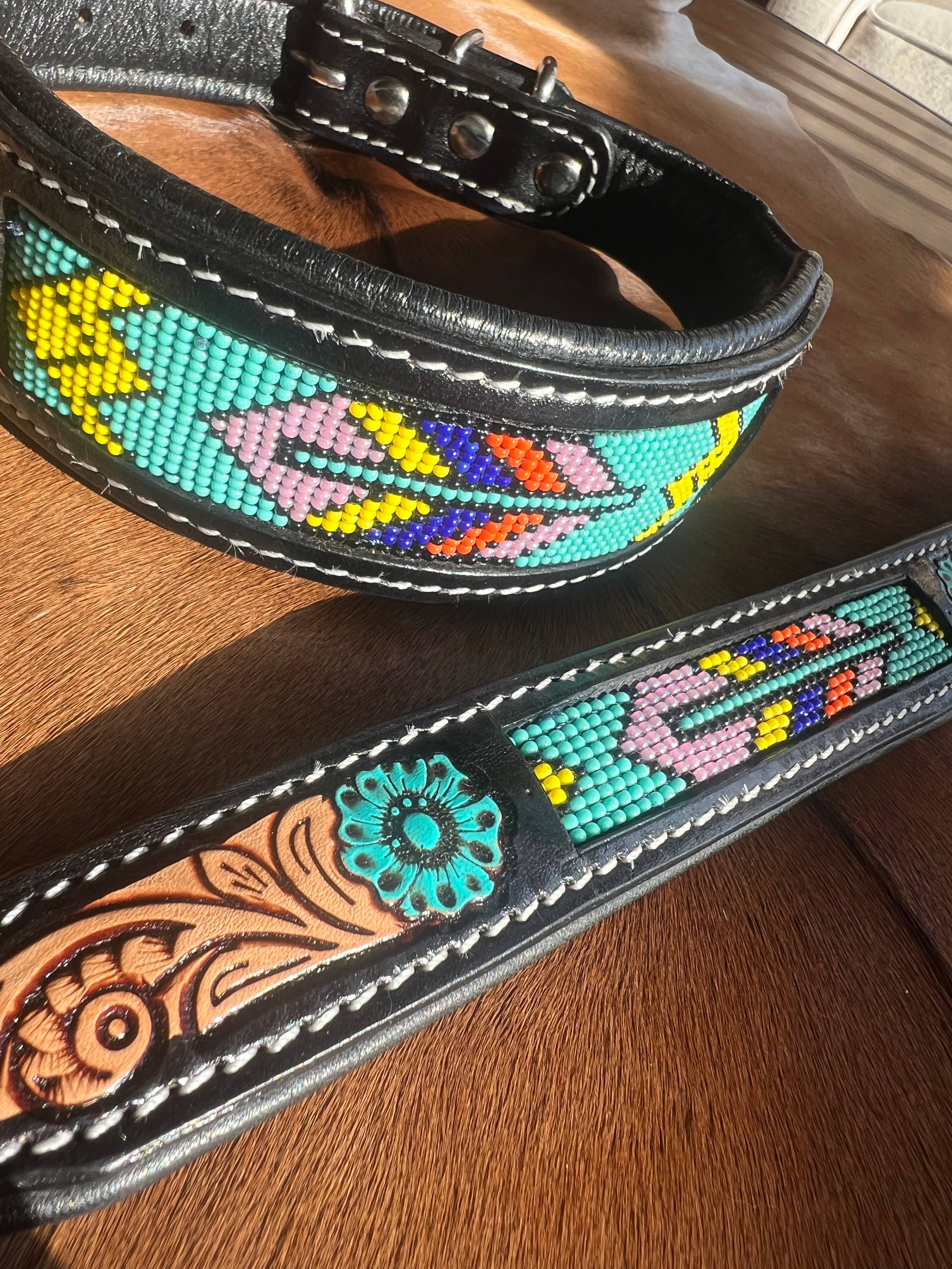 Tooled Leather Turquoise Beaded Painted Western Dog Collar