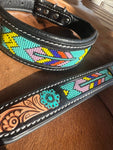 Tooled Leather Turquoise Beaded Painted Western Dog Collar