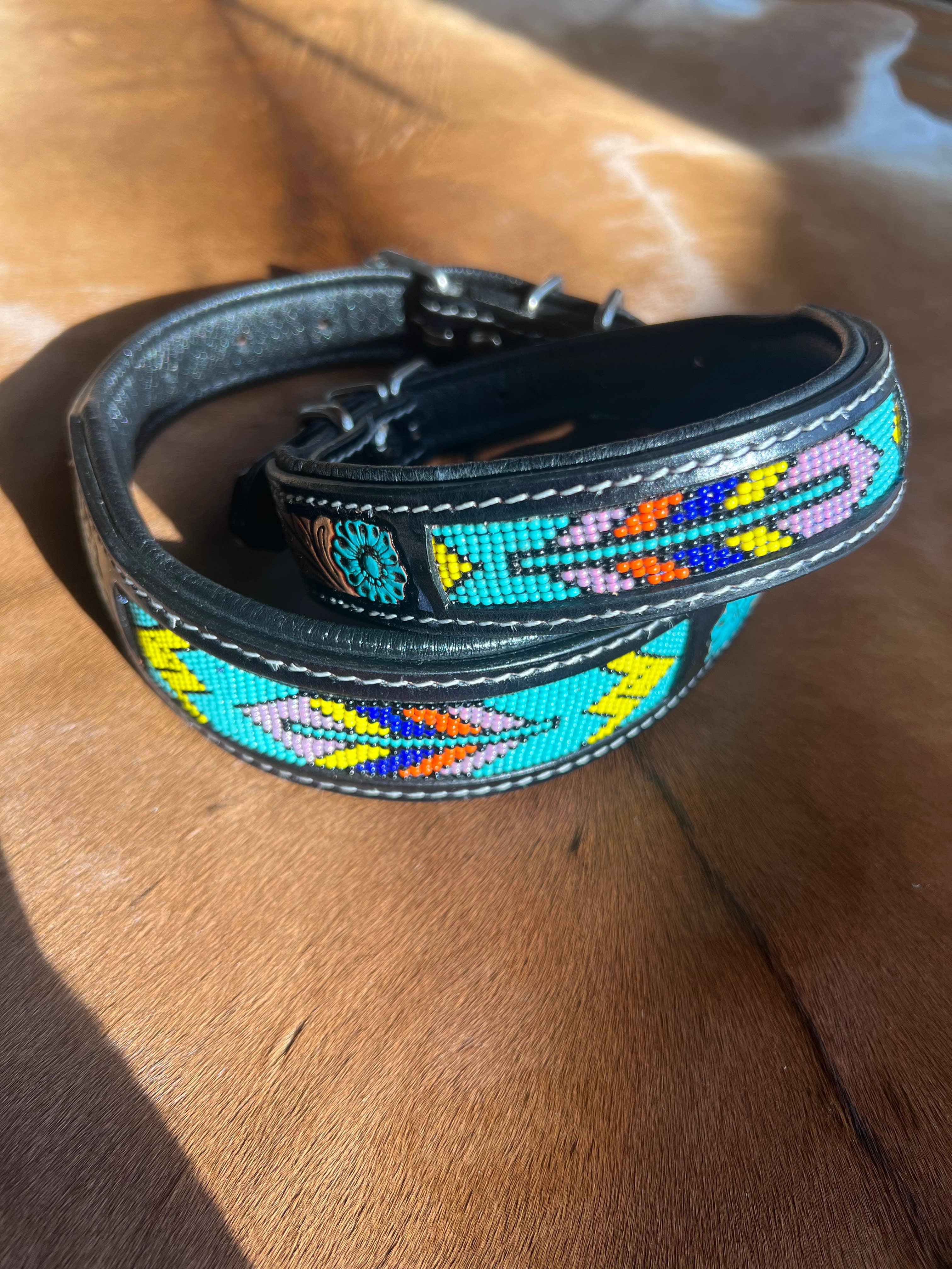Tooled Leather Turquoise Beaded Painted Western Dog Collar