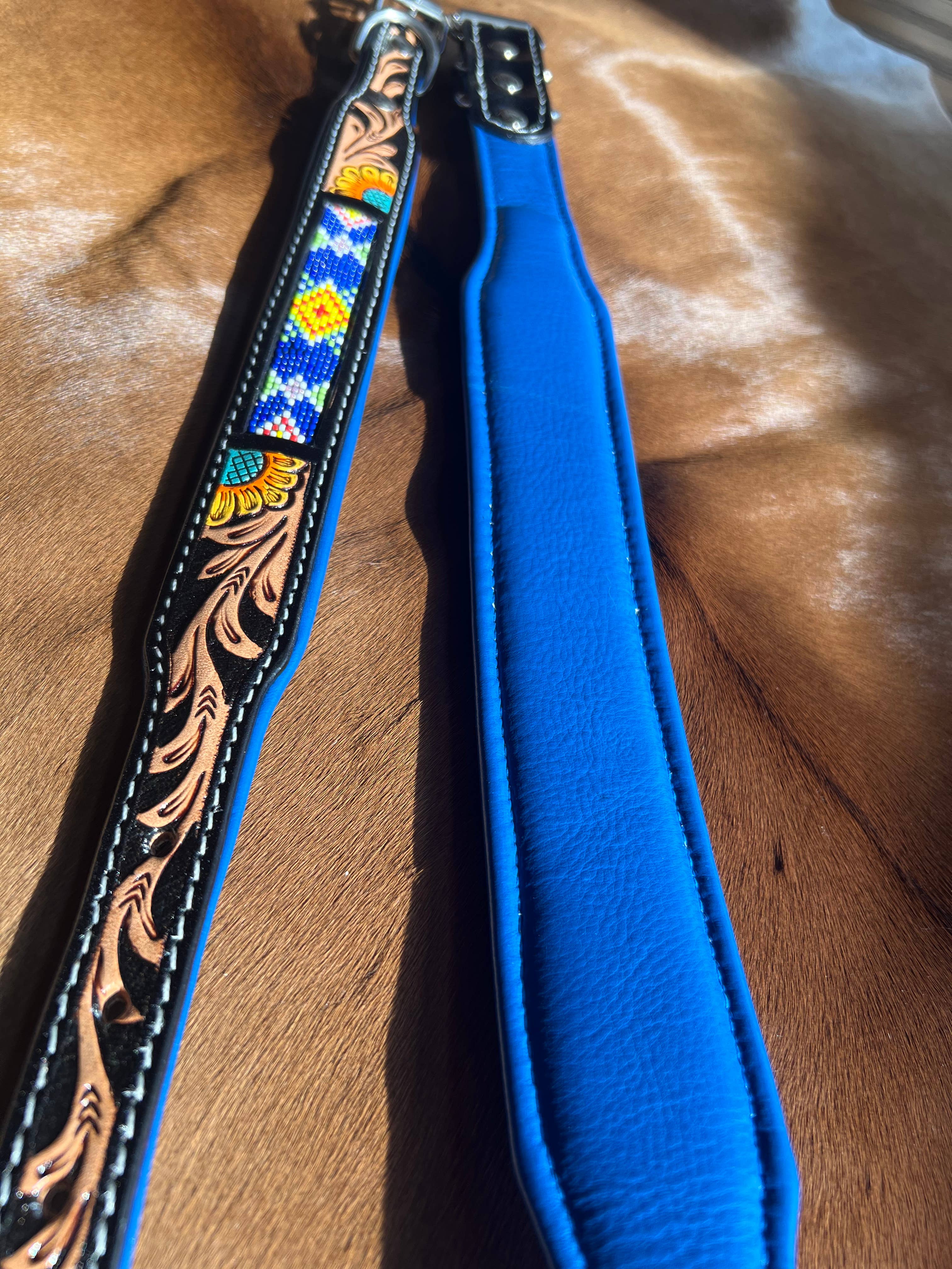 Tooled Leather Beaded Sunflower Painted Western Dog Collar
