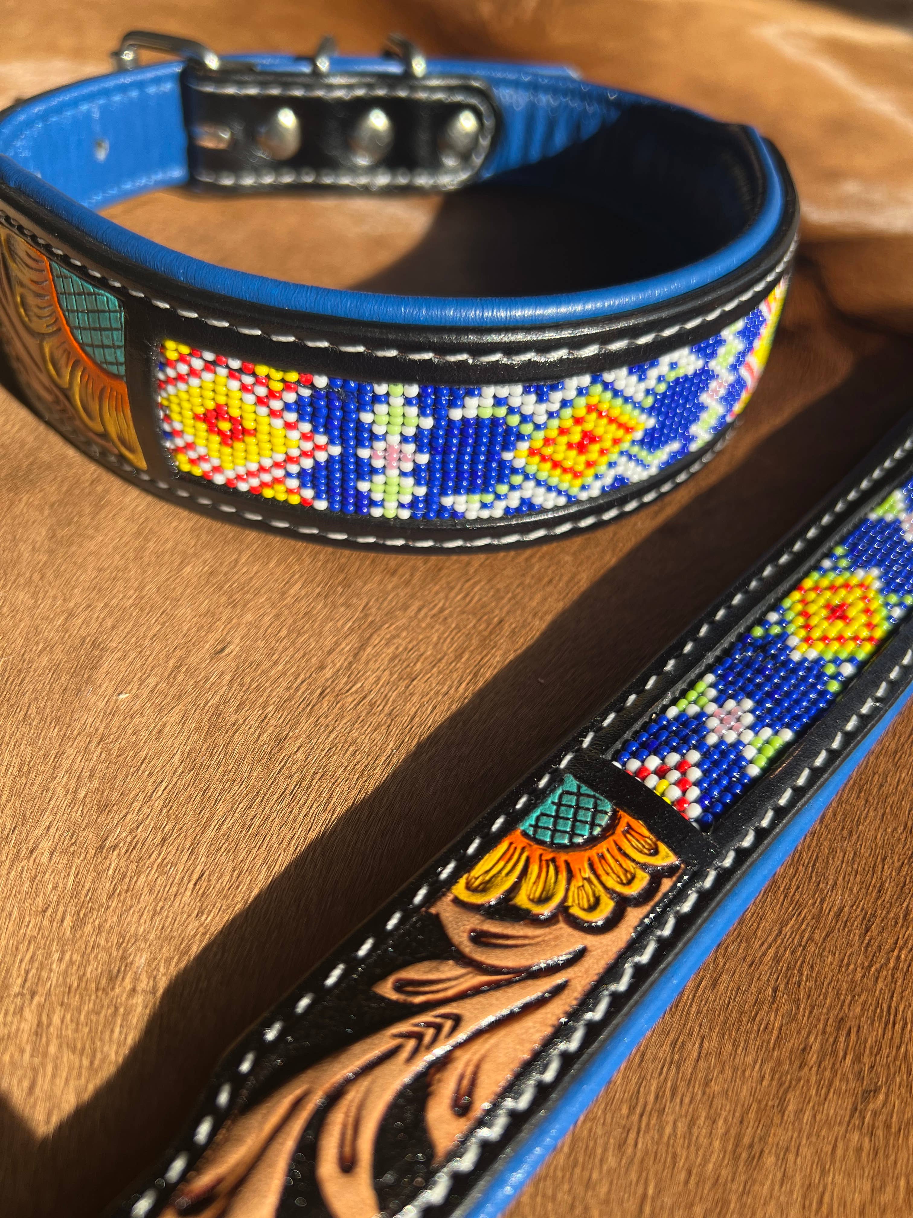 Tooled Leather Beaded Sunflower Painted Western Dog Collar