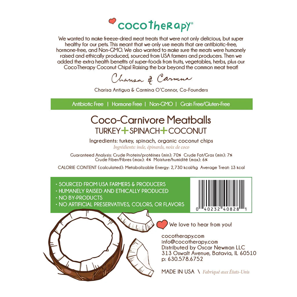 CocoTherapy Turkey, Spinach & Coconut Meatballs – Dog & Cat Treats, 2.5 oz