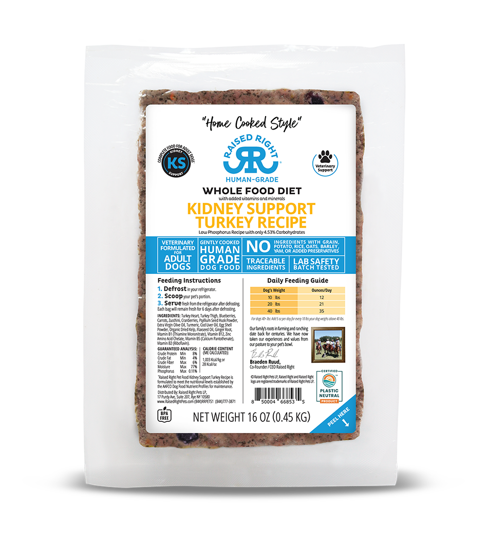 Raised Right- Wholefood Diet - Kidney Support Turkey Recipe for Adult Dogs 16 oz