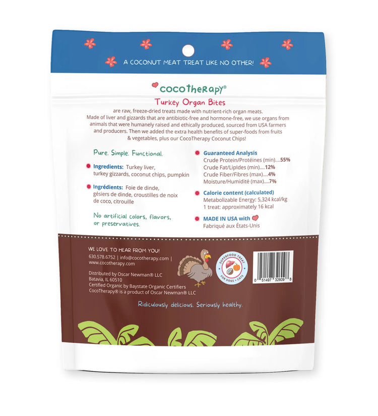 CocoTherapy Turkey & Pumpkin Organ Bites – Dog & Cat Treats, 3 oz