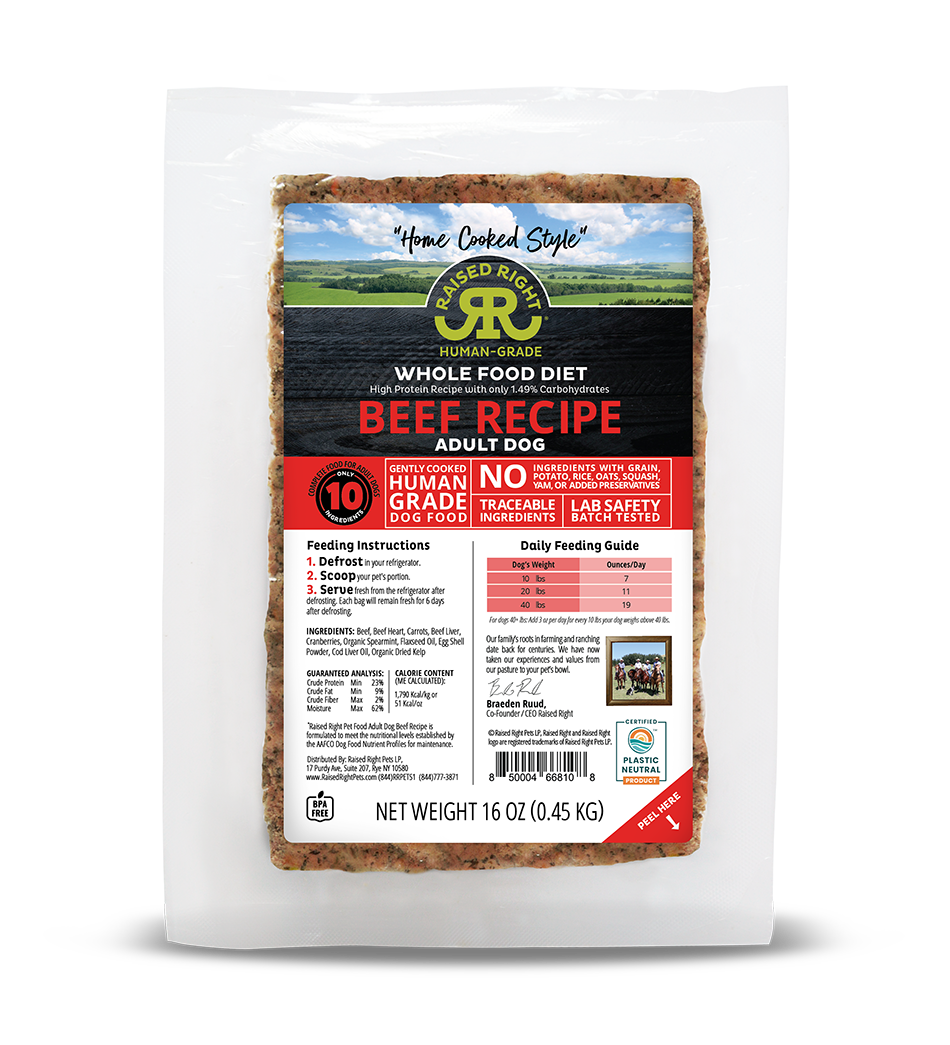 Raised Right- Wholefood Diet - Beef Recipe for Adult Dogs - Human Grade 16 oz