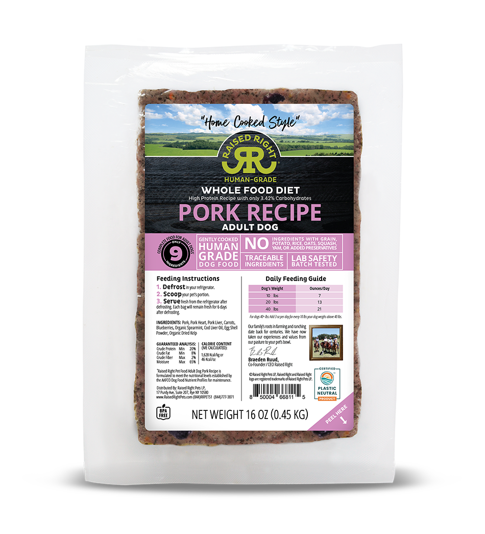 Raised Right- Wholefood Diet - Pork Recipe for Adult Dogs - Human Grade 16 oz