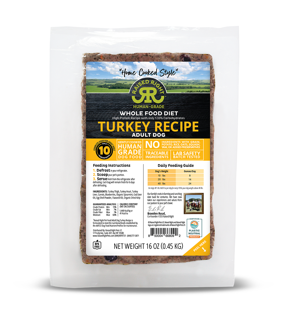 Raised Right- Wholefood Diet -Turkey Recipe for Adult Dogs- Human Grade 16 oz