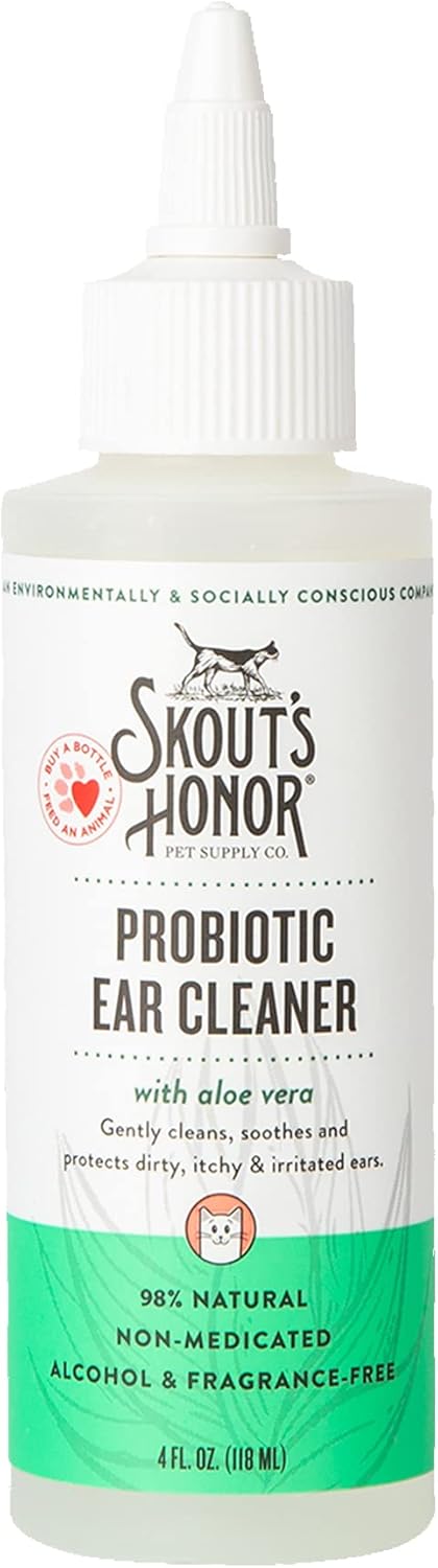 Skout's Honor Probiotic Ear Cleaner for Cats – 4oz Natural, Non-Medicated, Alcohol & Fragrance-Free