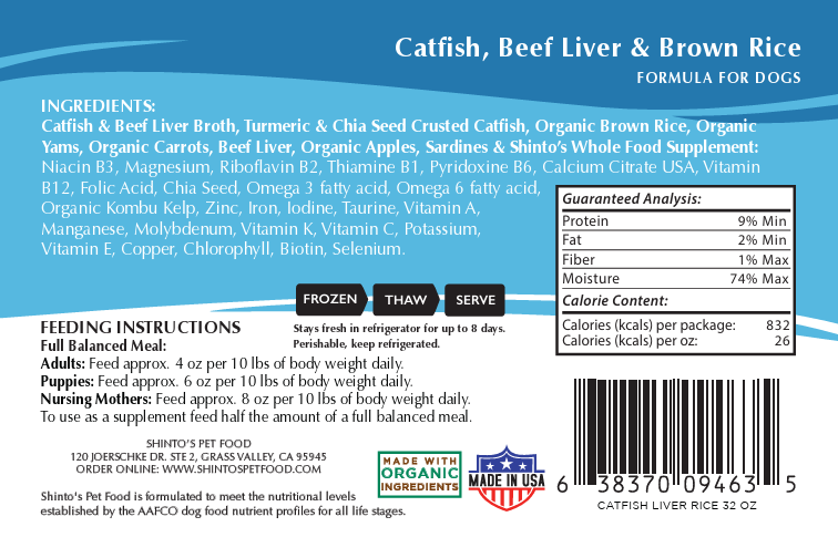 Shinto’s Catfish & Beef Liver with Brown Rice Foundation Formula fresh dog food
