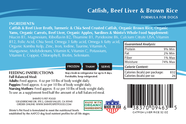 Shinto’s Catfish & Beef Liver with Brown Rice Foundation Formula fresh dog food