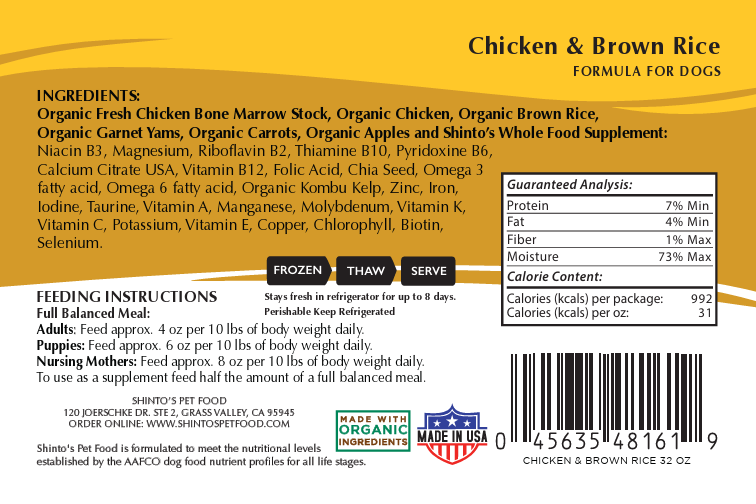 Shinto’s Chicken & Brown Rice Foundation Formula fresh dog food