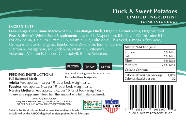 Shinto’s Duck & Sweet Potato Renewal Formula fresh dog food