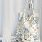 White Crochet Tote Bag with Blue Bow Accents