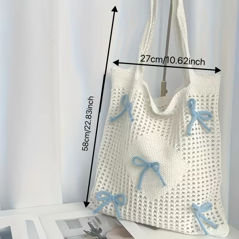 White Crochet Tote Bag with Blue Bow Accents