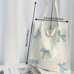 White Crochet Tote Bag with Blue Bow Accents