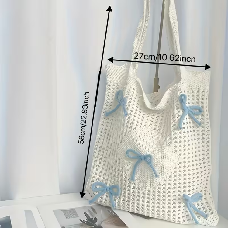 White Crochet Tote Bag with Blue Bow Accents