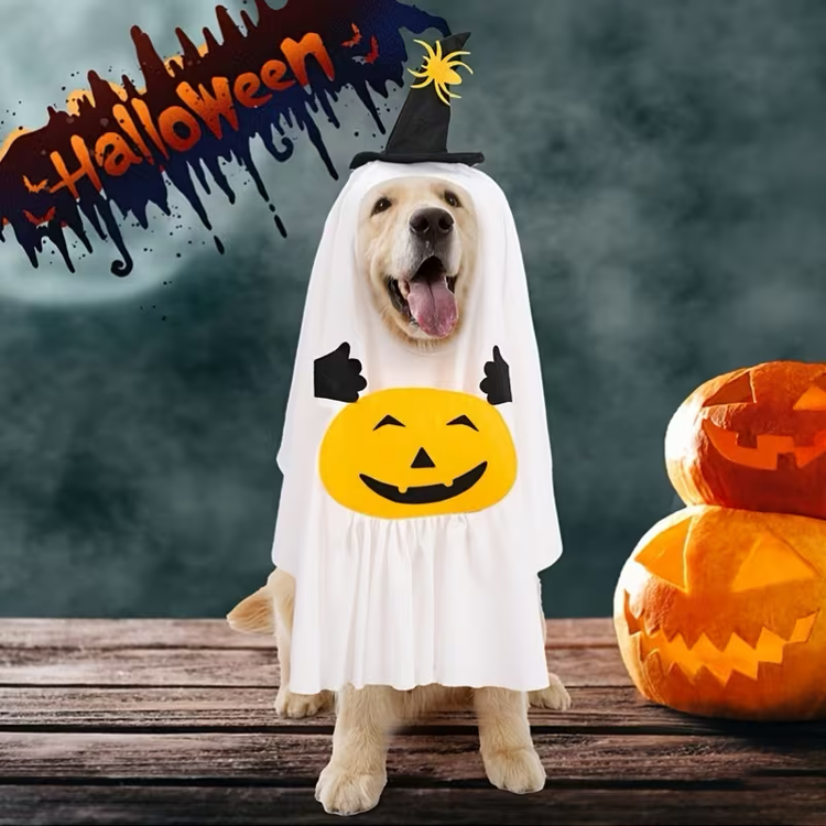 Ghost Witch Pet Costume with Pumpkin and Spider Hat