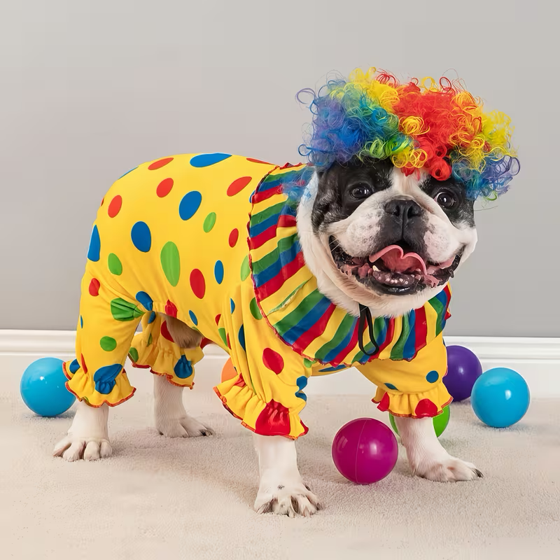 Colorful Clown Dog Costume with Rainbow Wig