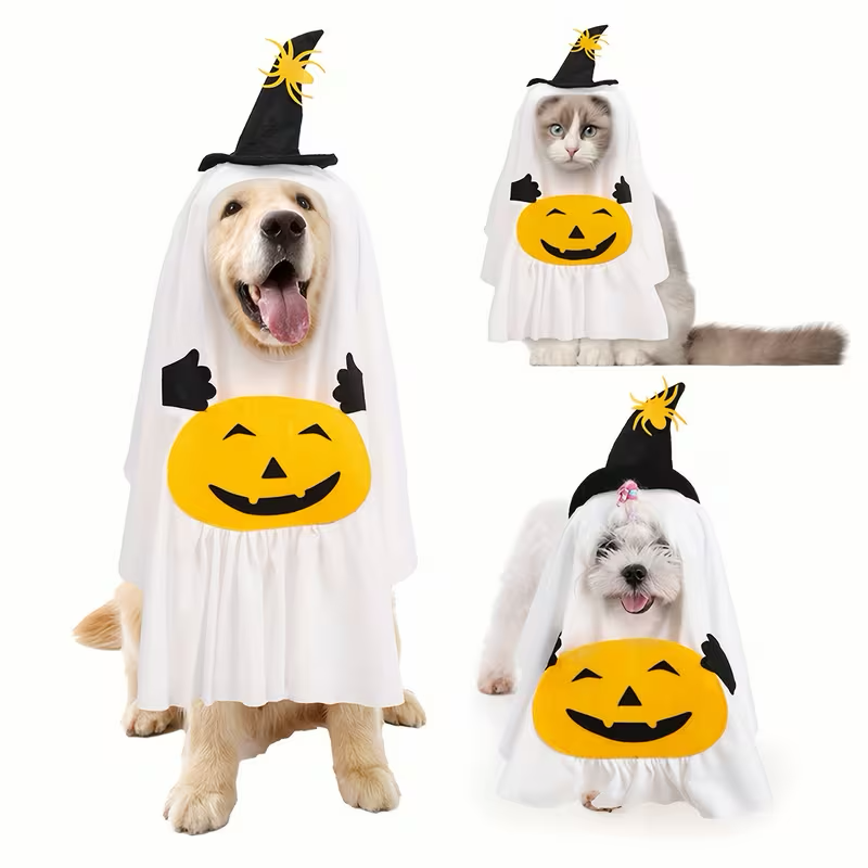 Ghost Witch Pet Costume with Pumpkin and Spider Hat