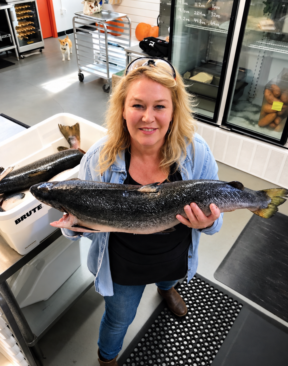 Lindsey holding a whole salmon in the Shinto's Pet Food kitchen