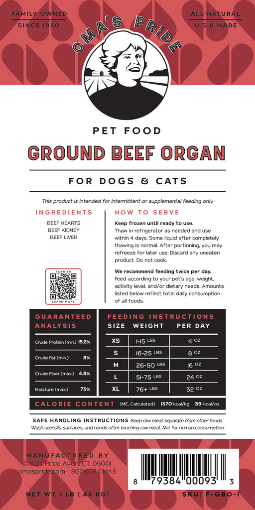 Oma’s Pride Ground Beef Organ for Dogs & Cats – 1 lb
