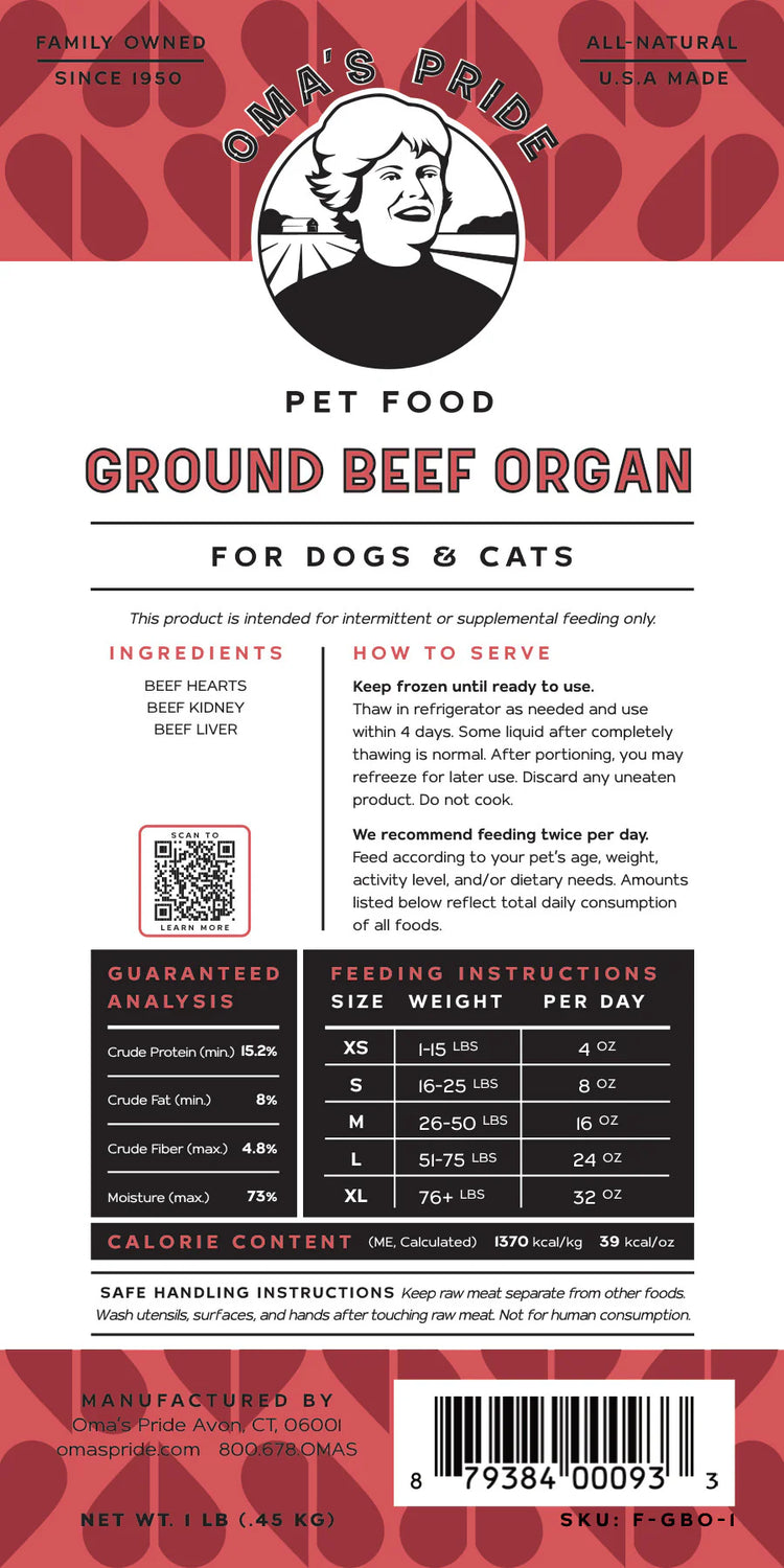 Oma’s Pride Ground Beef Organ for Dogs & Cats – 1 lb