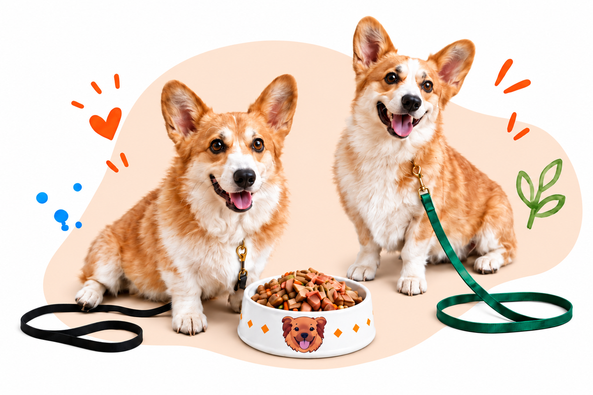 George on the left and Elliot on the right beside a food bowl with the Shinto’s dog logo.