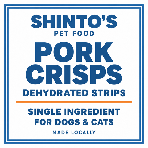 Shinto’s Pork Crisps generic label — dehydrated single-ingredient treats for dogs and cats