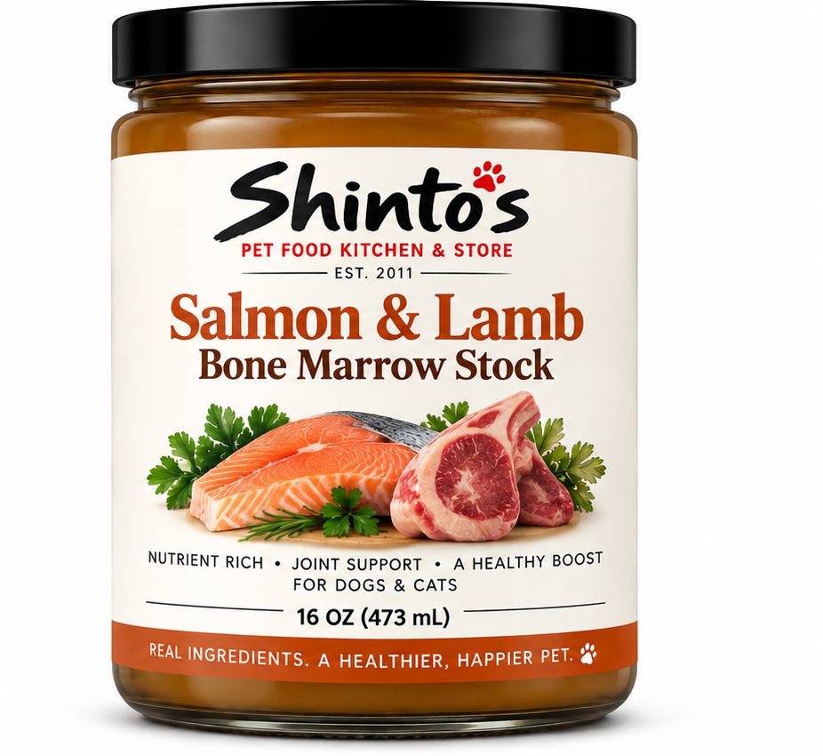 Shinto’s Salmon and Lamb Bone Marrow Stock for dogs and cats – 16 oz
