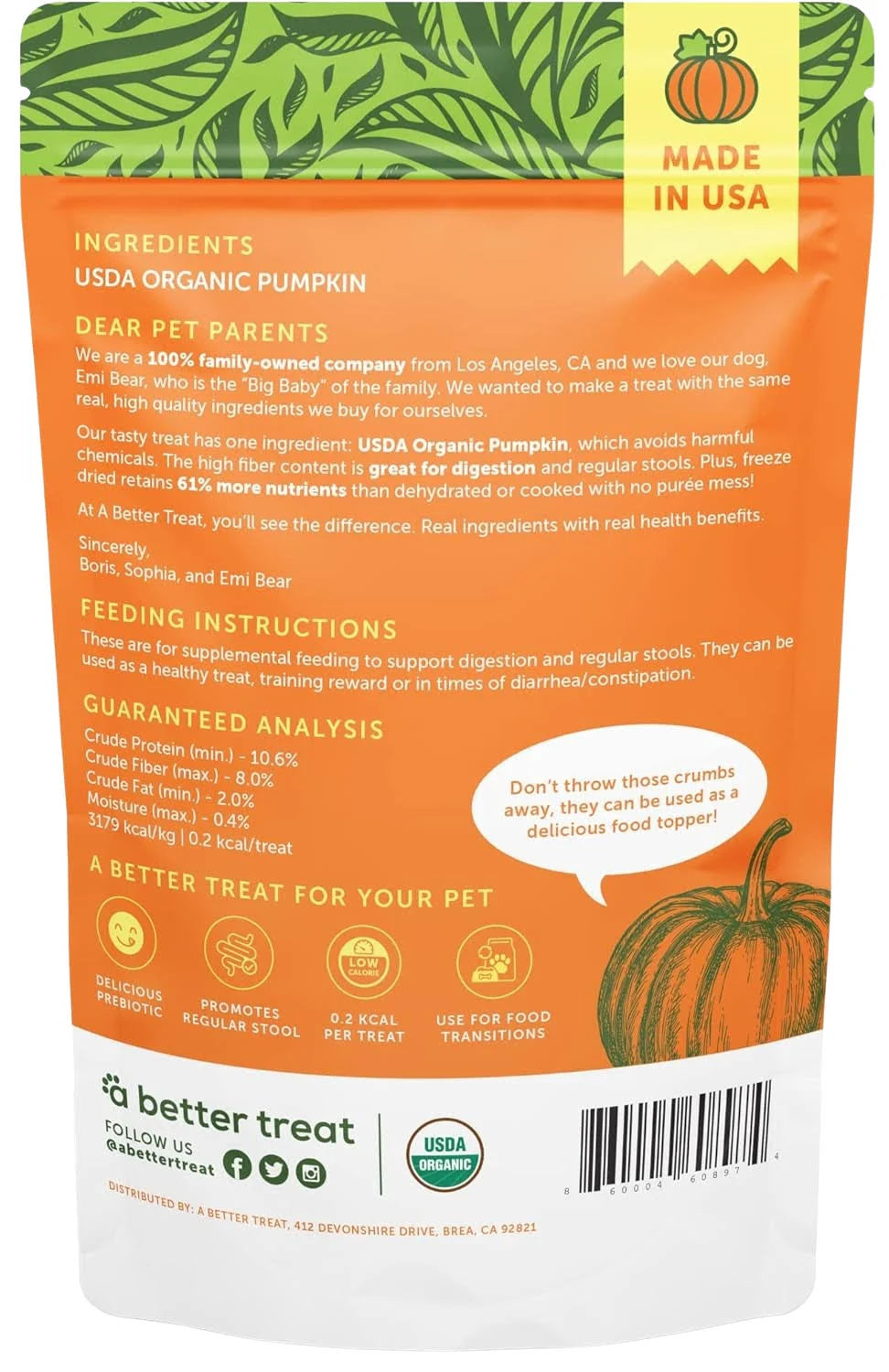 A Better Treat Organic Freeze-Dried Pumpkin – Stomach-Soothing Dog Treats, 1 oz