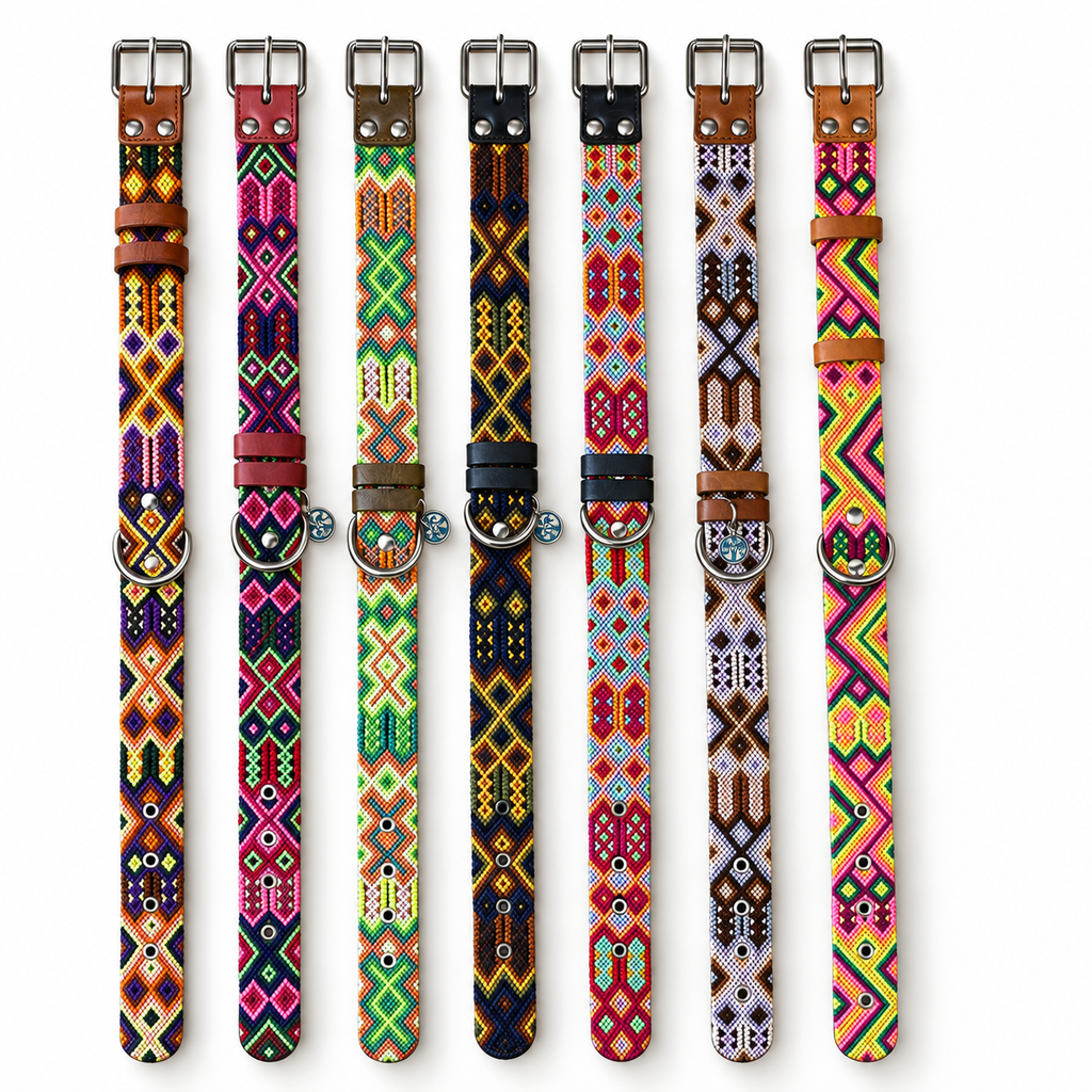 Tulum HM handwoven dog collars in assorted colorful patterns