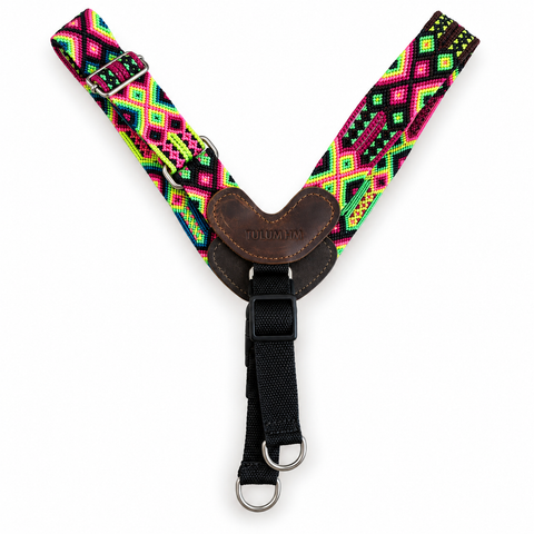 Tulum HM handwoven dog harness in neon pink, green and black