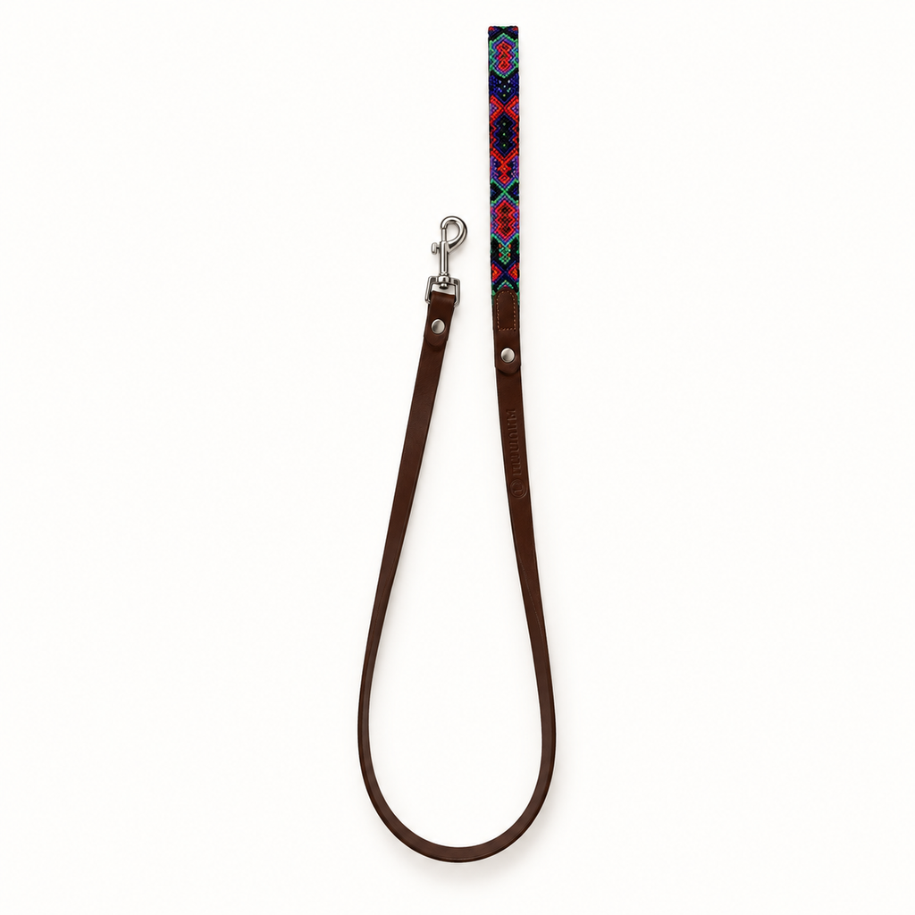 Tulum HM leather dog leash with colorful handwoven handle