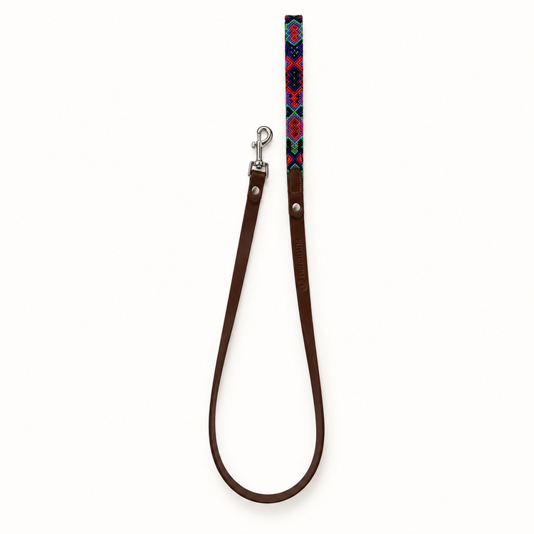 Tulum HM leather dog leash with colorful handwoven handle