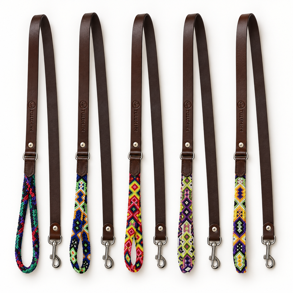 Tulum HM leather dog leashes with assorted handwoven handles