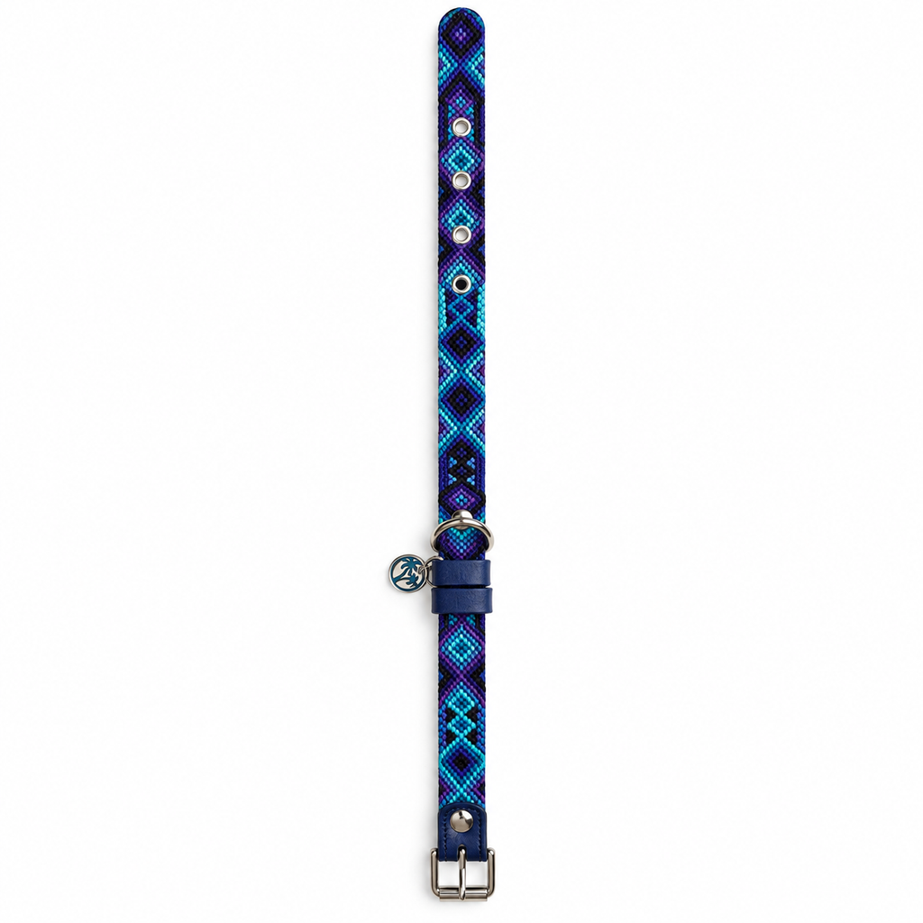 Tulum Holbox thin handwoven dog collar in blue teal and purple
