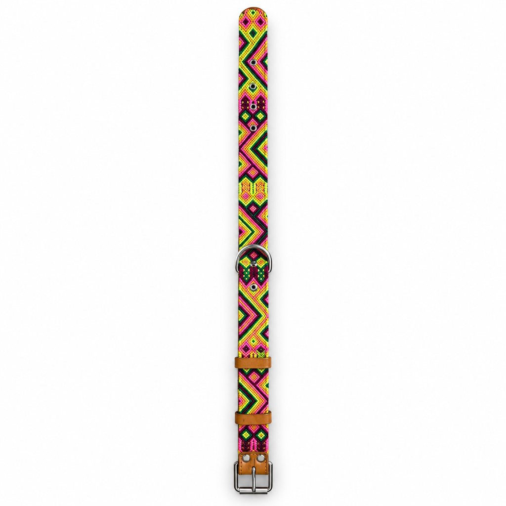 Tulum Holbox thin handwoven dog collar in neon pink and lime
