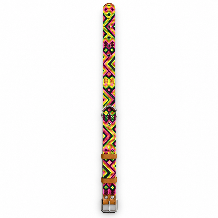 Tulum Holbox thin handwoven dog collar in neon pink and lime