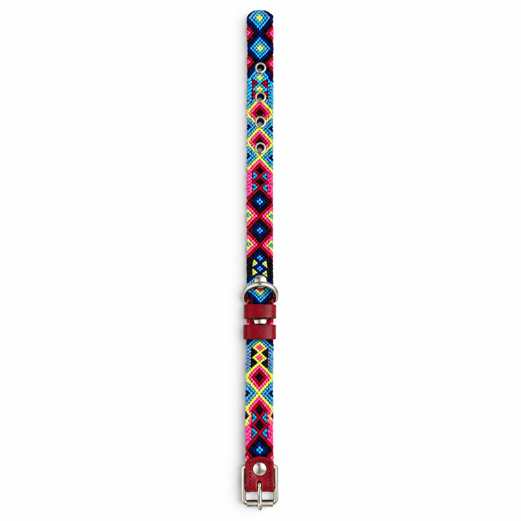 Tulum Holbox thin handwoven dog collar in pink blue and lime