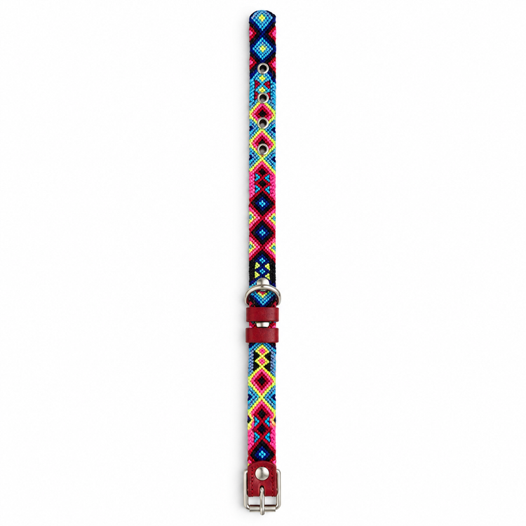 Tulum Holbox thin handwoven dog collar in pink blue and lime