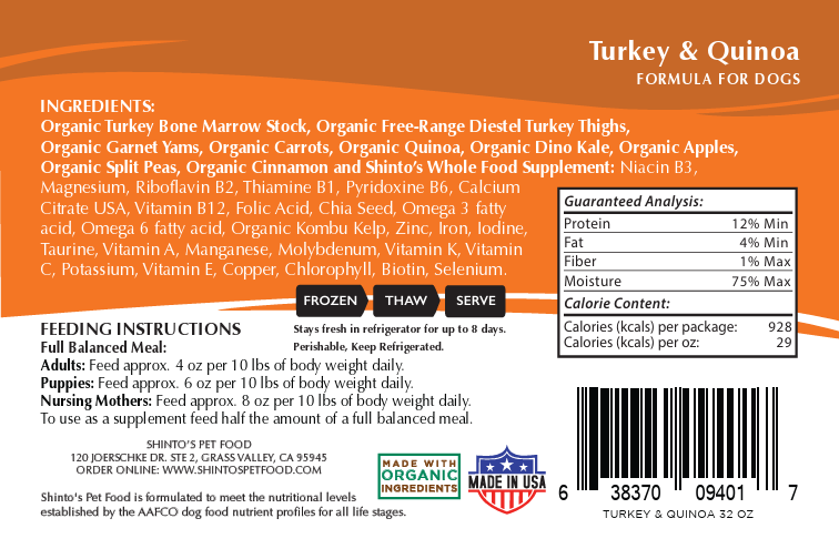 Shinto’s Turkey & Quinoa Balance Formula fresh dog food